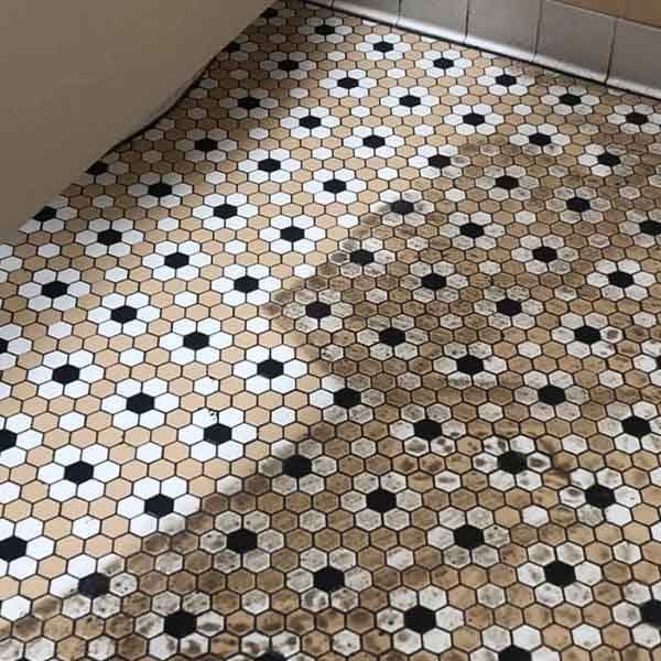 Tile floor half cleaned, showing the grout before and after