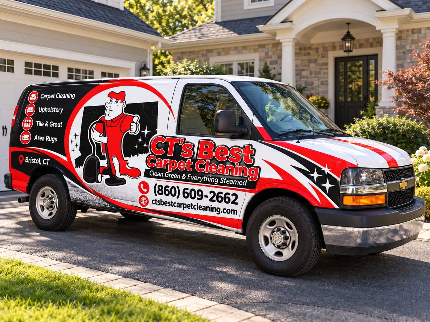 CT's Best Carpet Cleaning van with the mascot and phone number, parked at a home